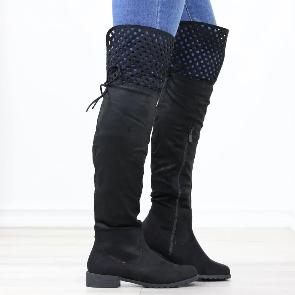 Black Thigh High Over The Knee Flat Boots Faux Suede - Picture 5 of 15